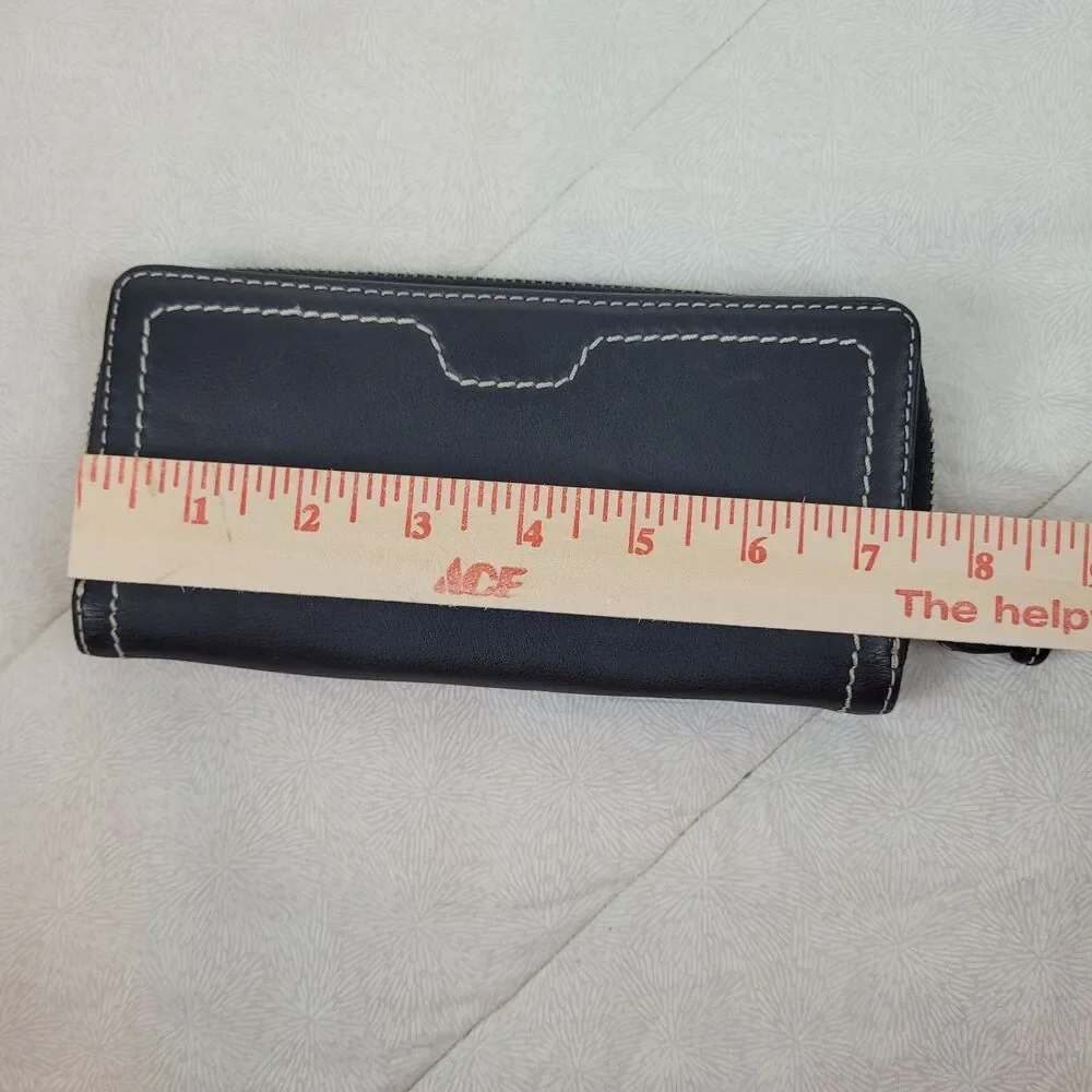 Womens black zip wallet leather multi compartments silver accent white stitching